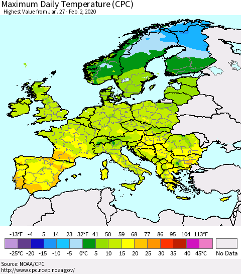 Europe Maximum Daily Temperature (CPC) Thematic Map For 1/27/2020 - 2/2/2020