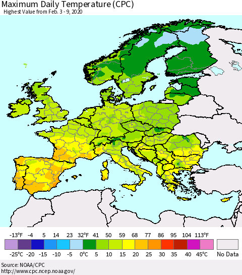 Europe Maximum Daily Temperature (CPC) Thematic Map For 2/3/2020 - 2/9/2020