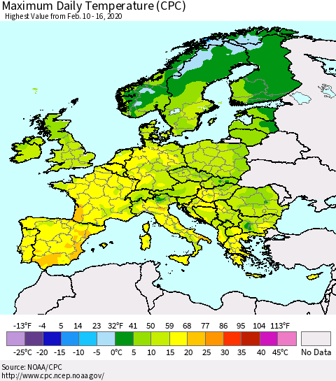 Europe Maximum Daily Temperature (CPC) Thematic Map For 2/10/2020 - 2/16/2020