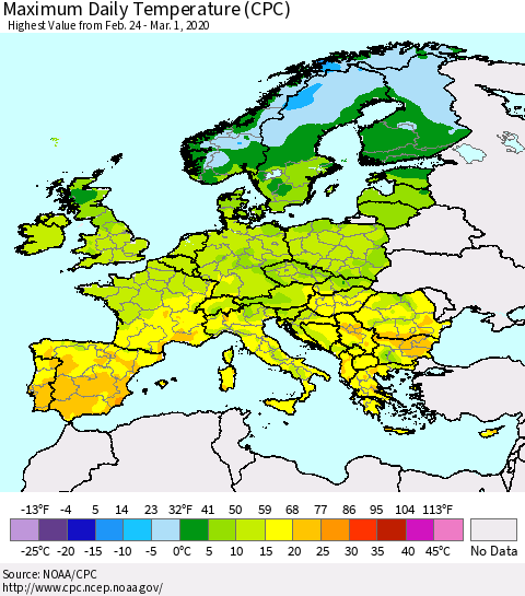 Europe Maximum Daily Temperature (CPC) Thematic Map For 2/24/2020 - 3/1/2020
