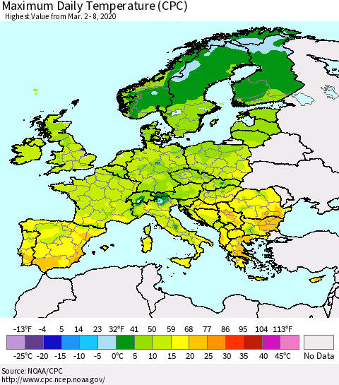 Europe Maximum Daily Temperature (CPC) Thematic Map For 3/2/2020 - 3/8/2020