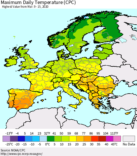 Europe Maximum Daily Temperature (CPC) Thematic Map For 3/9/2020 - 3/15/2020