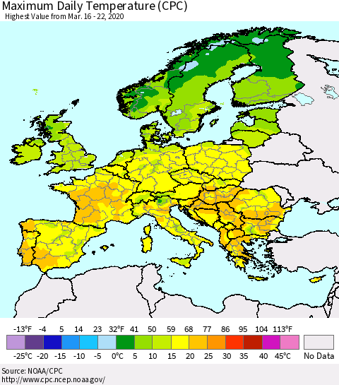 Europe Maximum Daily Temperature (CPC) Thematic Map For 3/16/2020 - 3/22/2020