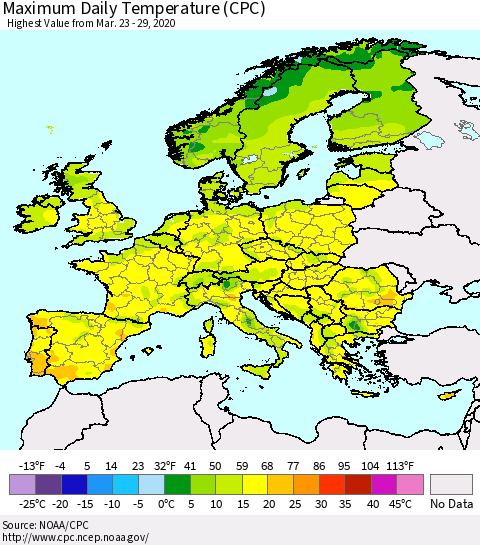 Europe Maximum Daily Temperature (CPC) Thematic Map For 3/23/2020 - 3/29/2020