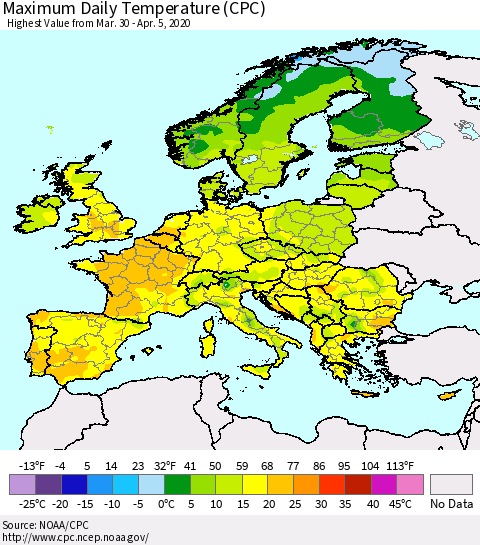 Europe Maximum Daily Temperature (CPC) Thematic Map For 3/30/2020 - 4/5/2020