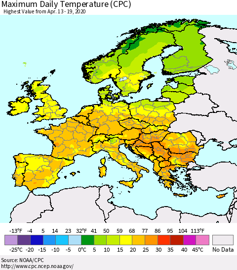 Europe Maximum Daily Temperature (CPC) Thematic Map For 4/13/2020 - 4/19/2020