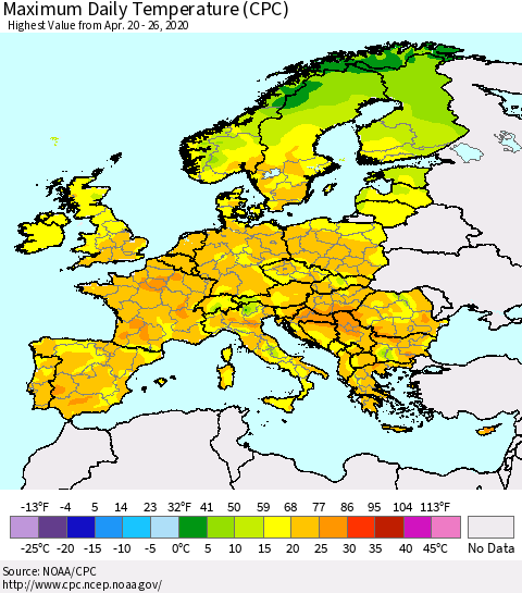 Europe Maximum Daily Temperature (CPC) Thematic Map For 4/20/2020 - 4/26/2020