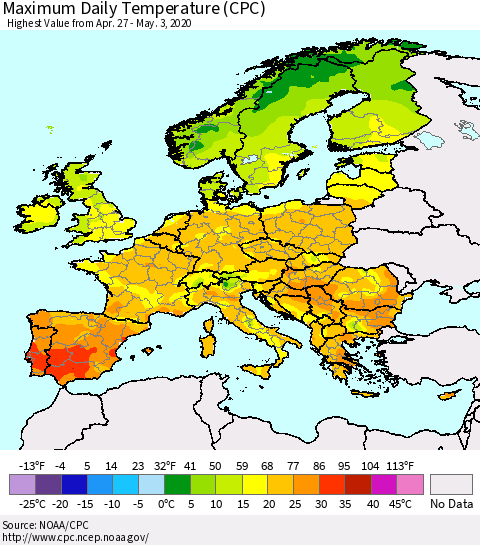 Europe Maximum Daily Temperature (CPC) Thematic Map For 4/27/2020 - 5/3/2020