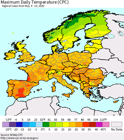 Europe Maximum Daily Temperature (CPC) Thematic Map For 5/4/2020 - 5/10/2020