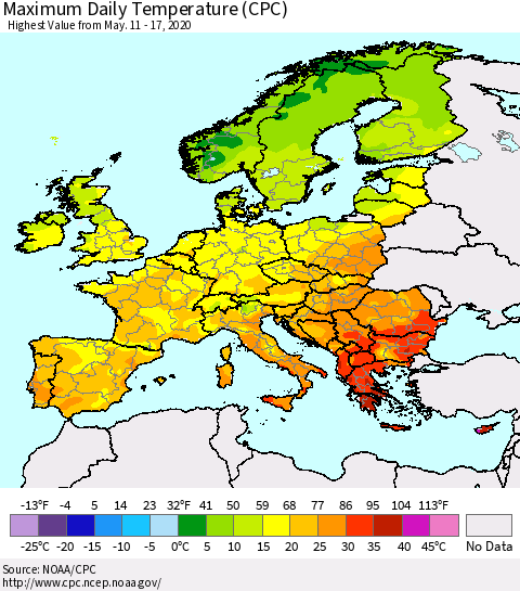 Europe Maximum Daily Temperature (CPC) Thematic Map For 5/11/2020 - 5/17/2020