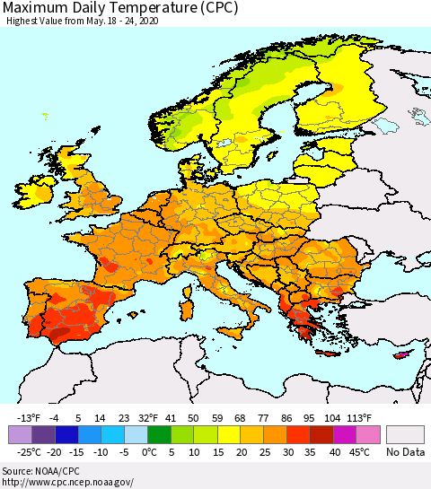 Europe Maximum Daily Temperature (CPC) Thematic Map For 5/18/2020 - 5/24/2020