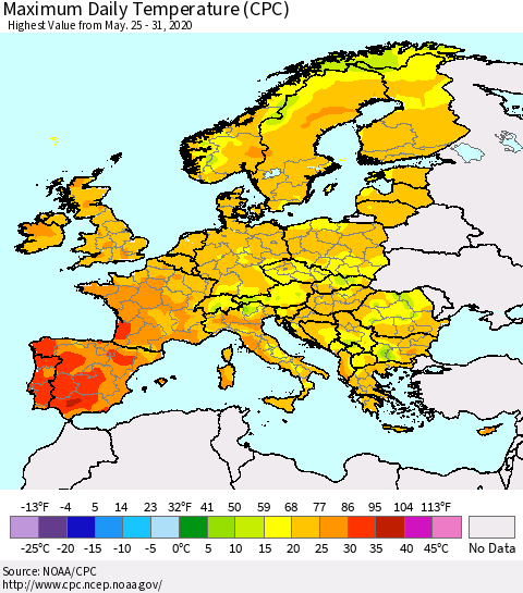 Europe Maximum Daily Temperature (CPC) Thematic Map For 5/25/2020 - 5/31/2020