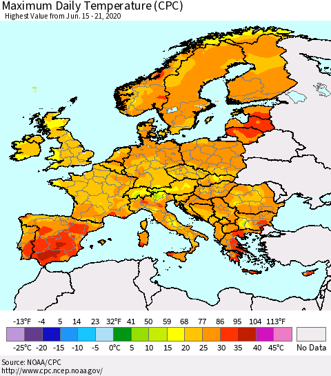 Europe Maximum Daily Temperature (CPC) Thematic Map For 6/15/2020 - 6/21/2020