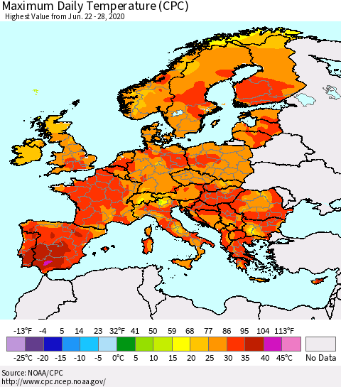 Europe Maximum Daily Temperature (CPC) Thematic Map For 6/22/2020 - 6/28/2020