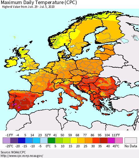 Europe Maximum Daily Temperature (CPC) Thematic Map For 6/29/2020 - 7/5/2020