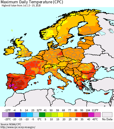 Europe Maximum Daily Temperature (CPC) Thematic Map For 7/13/2020 - 7/19/2020