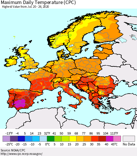 Europe Maximum Daily Temperature (CPC) Thematic Map For 7/20/2020 - 7/26/2020