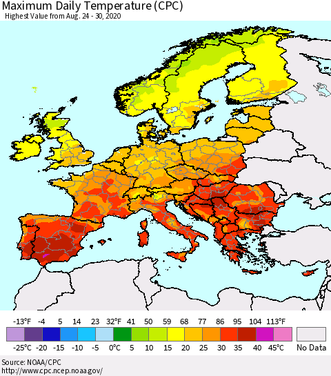 Europe Maximum Daily Temperature (CPC) Thematic Map For 8/24/2020 - 8/30/2020