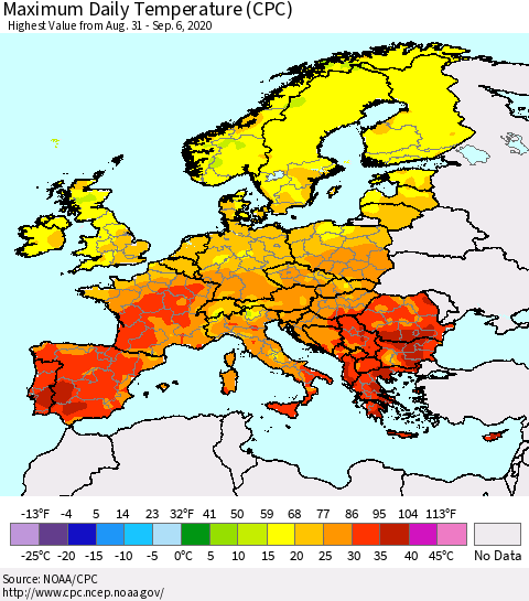 Europe Maximum Daily Temperature (CPC) Thematic Map For 8/31/2020 - 9/6/2020