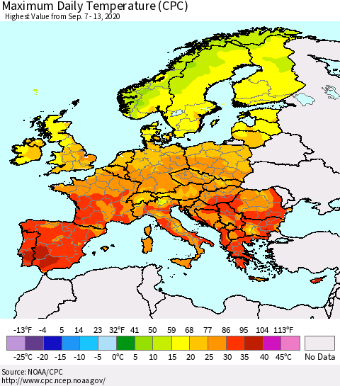 Europe Maximum Daily Temperature (CPC) Thematic Map For 9/7/2020 - 9/13/2020