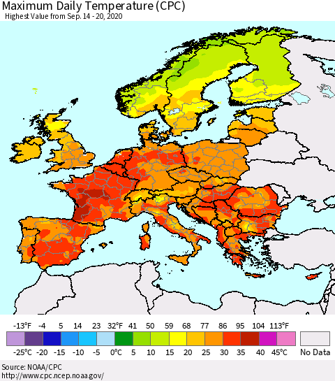 Europe Maximum Daily Temperature (CPC) Thematic Map For 9/14/2020 - 9/20/2020