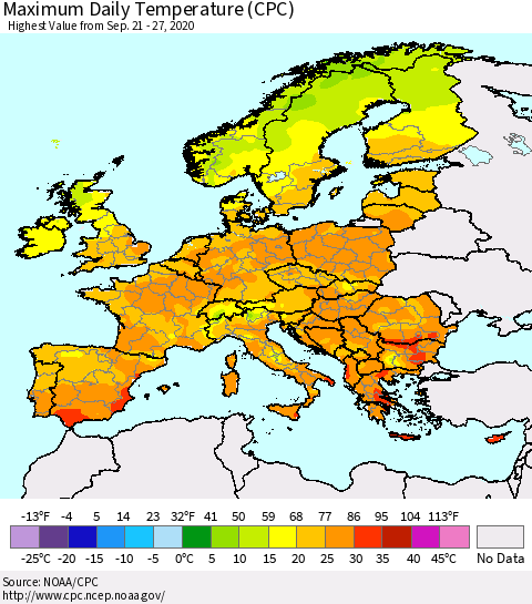 Europe Maximum Daily Temperature (CPC) Thematic Map For 9/21/2020 - 9/27/2020