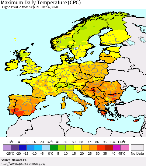 Europe Maximum Daily Temperature (CPC) Thematic Map For 9/28/2020 - 10/4/2020