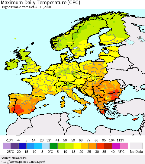 Europe Maximum Daily Temperature (CPC) Thematic Map For 10/5/2020 - 10/11/2020