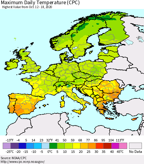 Europe Maximum Daily Temperature (CPC) Thematic Map For 10/12/2020 - 10/18/2020
