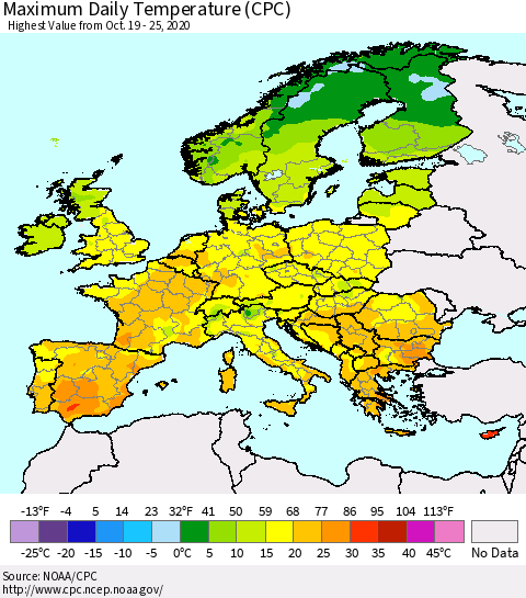 Europe Maximum Daily Temperature (CPC) Thematic Map For 10/19/2020 - 10/25/2020