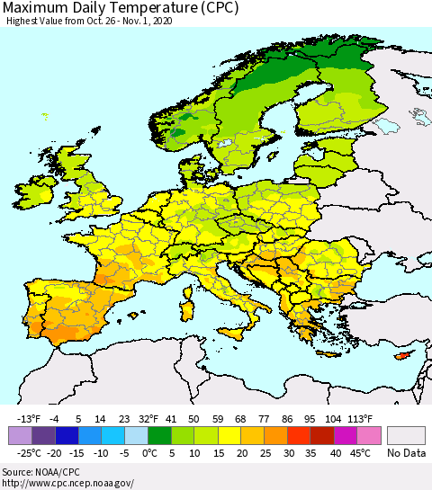 Europe Maximum Daily Temperature (CPC) Thematic Map For 10/26/2020 - 11/1/2020