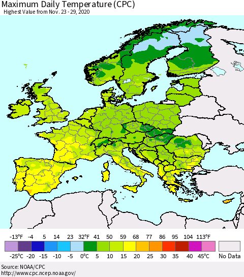 Europe Maximum Daily Temperature (CPC) Thematic Map For 11/23/2020 - 11/29/2020