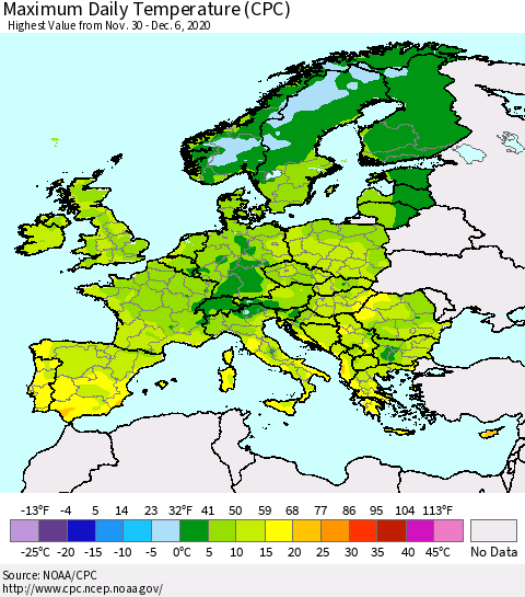 Europe Maximum Daily Temperature (CPC) Thematic Map For 11/30/2020 - 12/6/2020