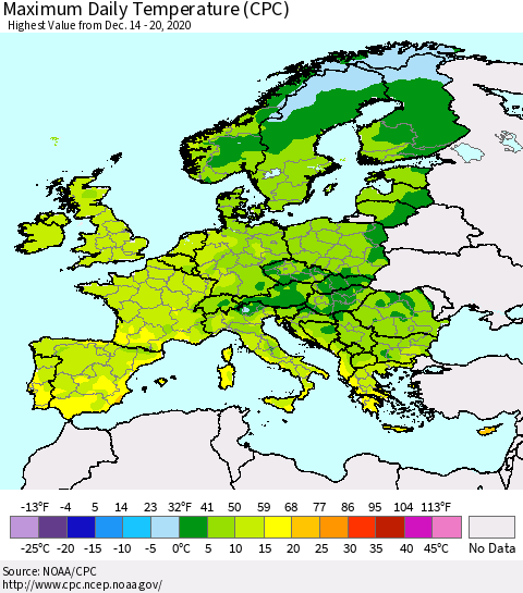 Europe Maximum Daily Temperature (CPC) Thematic Map For 12/14/2020 - 12/20/2020