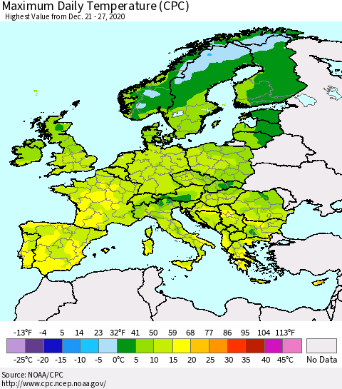 Europe Maximum Daily Temperature (CPC) Thematic Map For 12/21/2020 - 12/27/2020