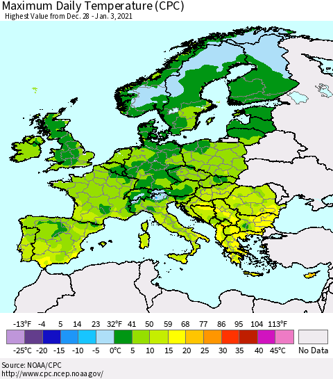 Europe Maximum Daily Temperature (CPC) Thematic Map For 12/28/2020 - 1/3/2021
