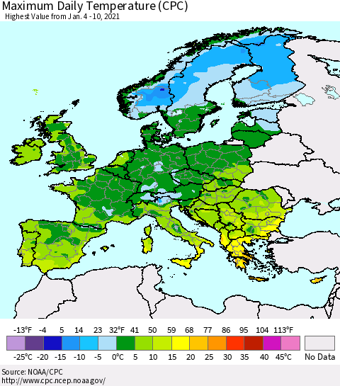 Europe Maximum Daily Temperature (CPC) Thematic Map For 1/4/2021 - 1/10/2021