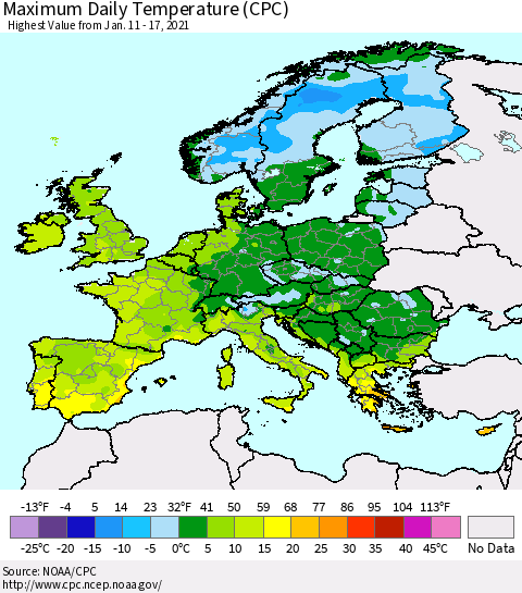 Europe Maximum Daily Temperature (CPC) Thematic Map For 1/11/2021 - 1/17/2021