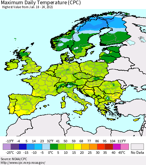 Europe Maximum Daily Temperature (CPC) Thematic Map For 1/18/2021 - 1/24/2021