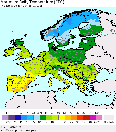 Europe Maximum Daily Temperature (CPC) Thematic Map For 1/25/2021 - 1/31/2021
