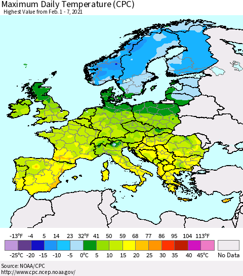 Europe Maximum Daily Temperature (CPC) Thematic Map For 2/1/2021 - 2/7/2021
