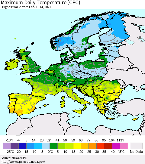 Europe Maximum Daily Temperature (CPC) Thematic Map For 2/8/2021 - 2/14/2021