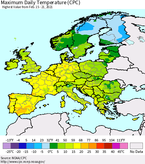 Europe Maximum Daily Temperature (CPC) Thematic Map For 2/15/2021 - 2/21/2021