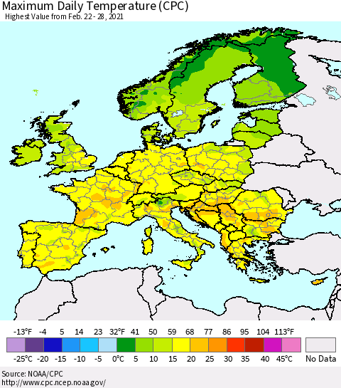 Europe Maximum Daily Temperature (CPC) Thematic Map For 2/22/2021 - 2/28/2021