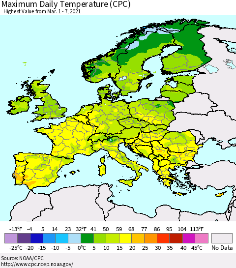 Europe Maximum Daily Temperature (CPC) Thematic Map For 3/1/2021 - 3/7/2021