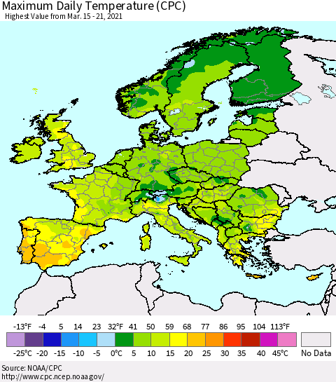 Europe Maximum Daily Temperature (CPC) Thematic Map For 3/15/2021 - 3/21/2021