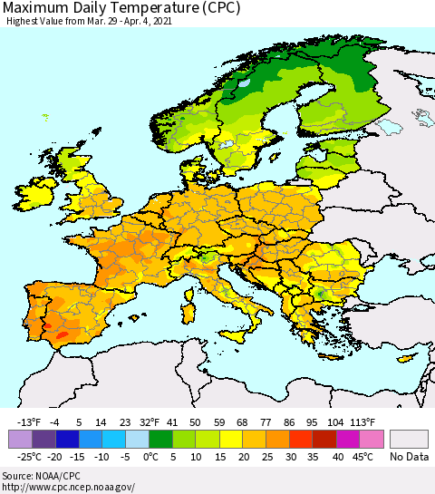 Europe Maximum Daily Temperature (CPC) Thematic Map For 3/29/2021 - 4/4/2021