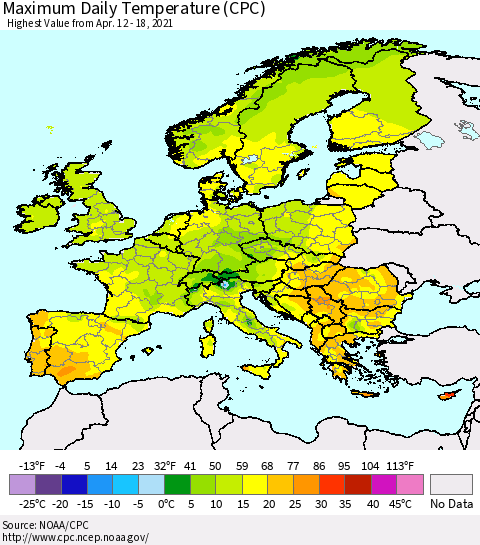 Europe Maximum Daily Temperature (CPC) Thematic Map For 4/12/2021 - 4/18/2021