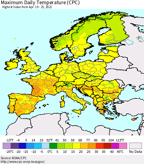 Europe Maximum Daily Temperature (CPC) Thematic Map For 4/19/2021 - 4/25/2021