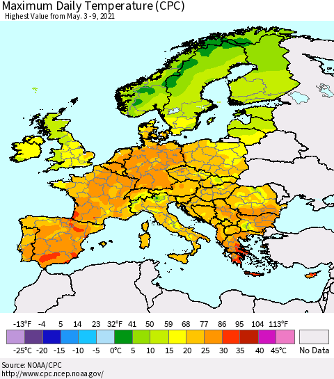 Europe Maximum Daily Temperature (CPC) Thematic Map For 5/3/2021 - 5/9/2021